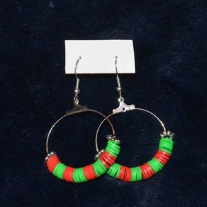 Red & Green Christmas Elf-Themed Clay Beaded Silver-Plated Hanging Earrings